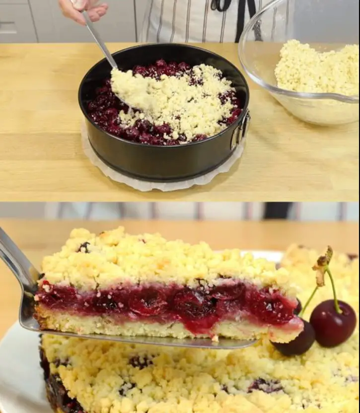 Kirsch Streuselkuchen mit Pudding und 1 Glas Kirschen