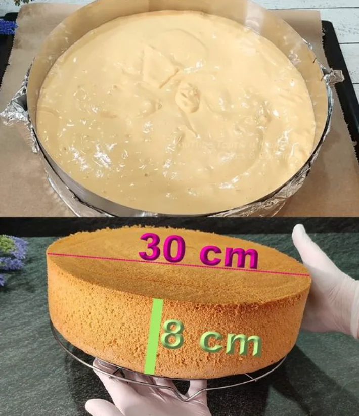 Ich verühre 150 g Stärkemehl mit 7 Eier und backe Bäckermeister Biskuitboden