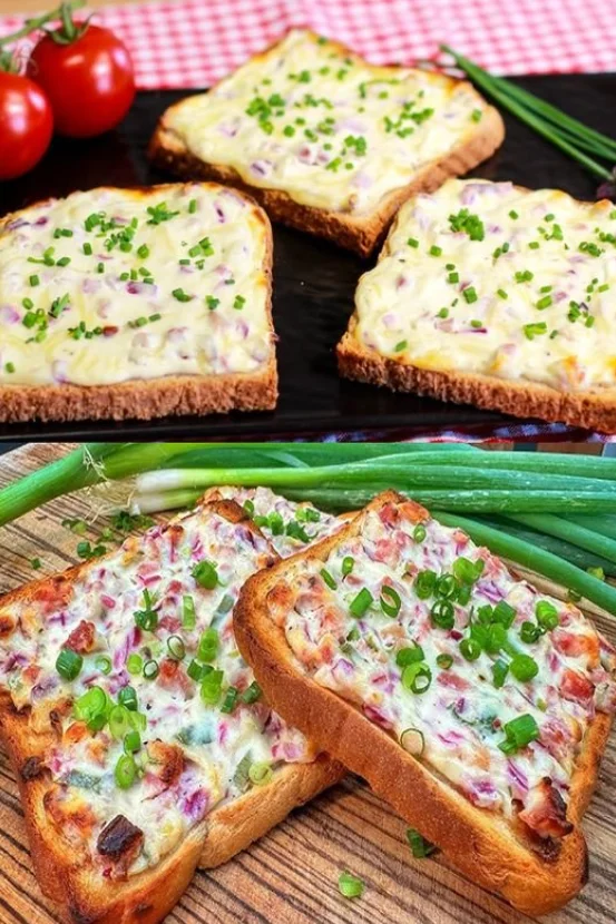 Flammkuchen Toast mit 8 Scheiben Toastbrot und 200 g Kase