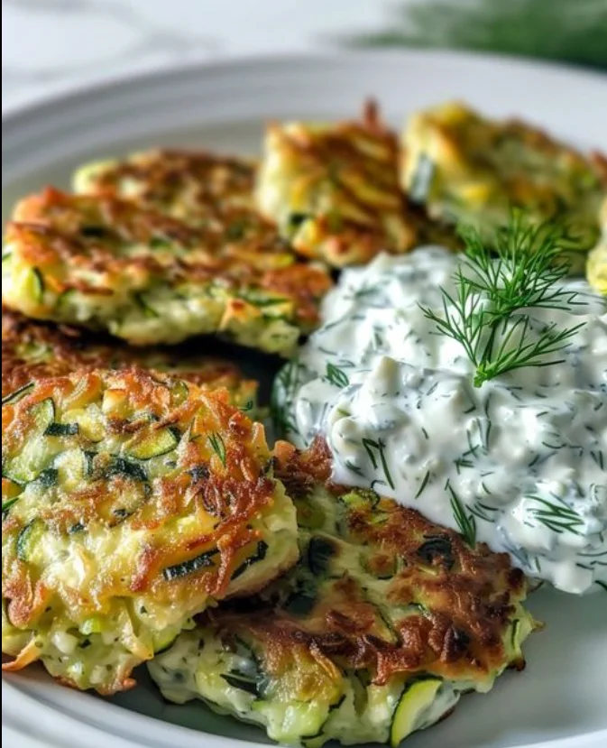 Zucchinipuffer mit Feta Knoblauch und Tzatziki in 15 Minuten