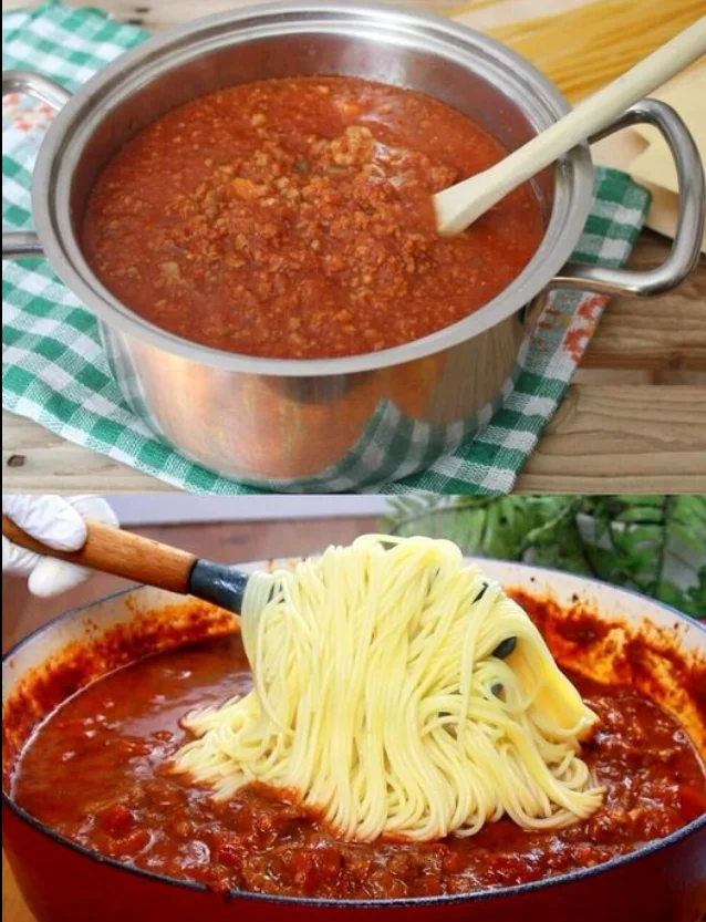 Sauce Bolognese mit 200 ml Rotwein und nur 2 bis 3 Stunden kochen