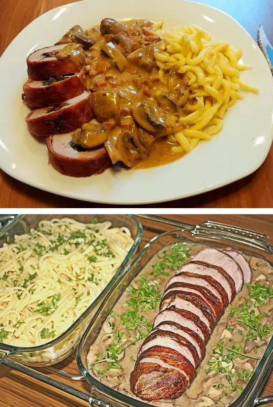 NT-Schweinefilet im Speckmantel mit Champignons und Spätzle 