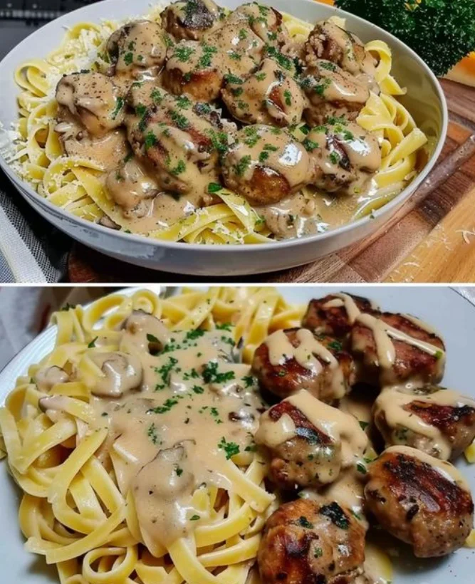 Tagliatelle mit Pilzsoße und Hackbällchen koche ich 2 x pro Woche!